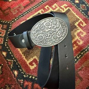 Black Leather Belt with Ornate Silver Floral Buckle